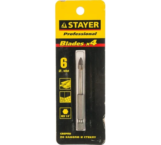 Сверло по стеклу и кафелю STAYER 6мм, 4х кромка, HEX 1/4, 2985-06